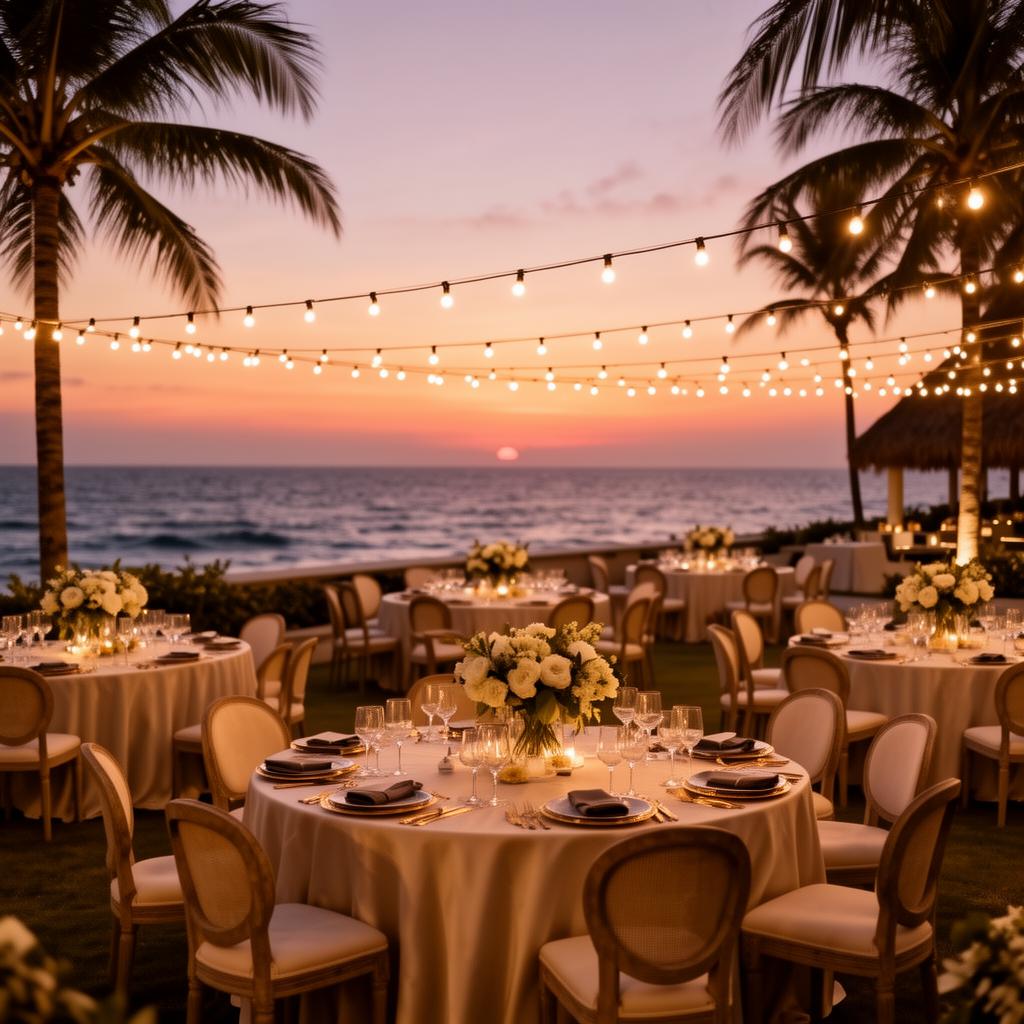 Elegant outdoor event setup at a coastal resort at sunset